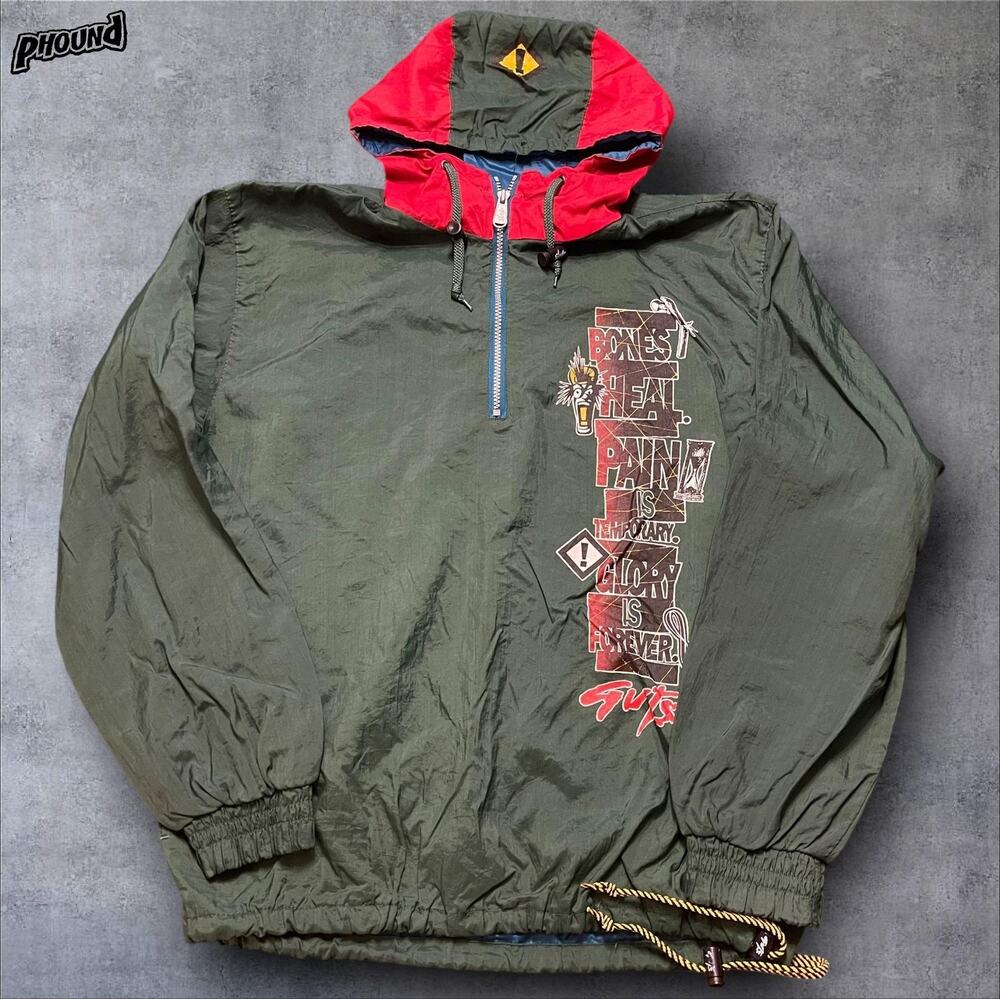 Vintage Guts Jacket Mens 2XL XXL Green Red Hooded Pullover Windbreaker 90s